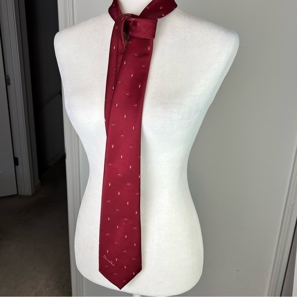Oscar de la Renta Tie Mens Maroon Silk Embroidered Pattern Tie - Picture 5 of 6